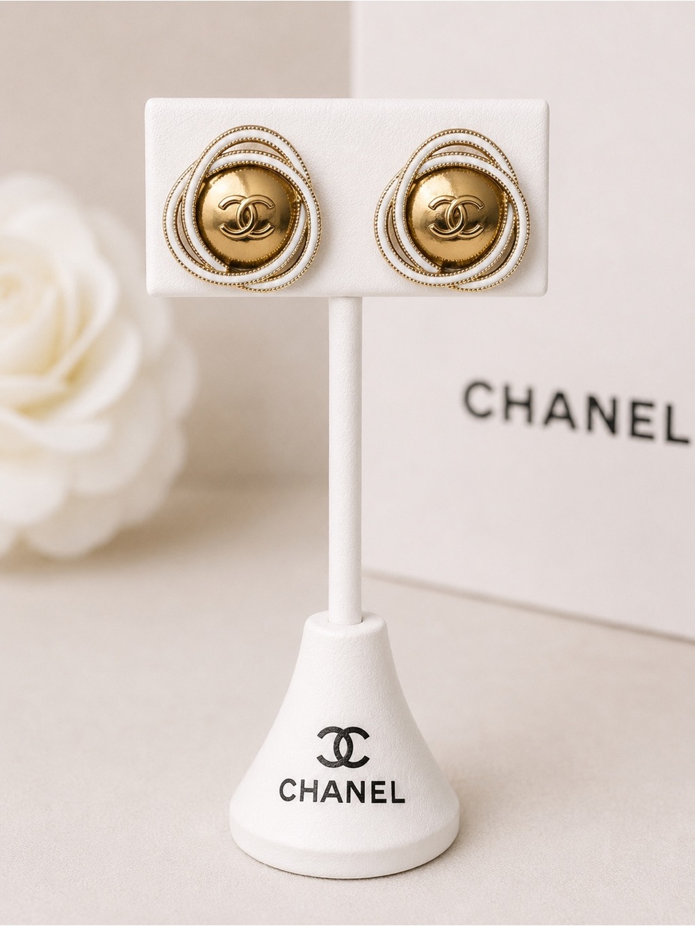 CHANEL Gold stud CC Button Hoop Cluster Earrings